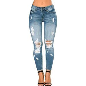 Women Skinny Ripped Jeans Stretch Denim with Destroyed Design Perfect Fit